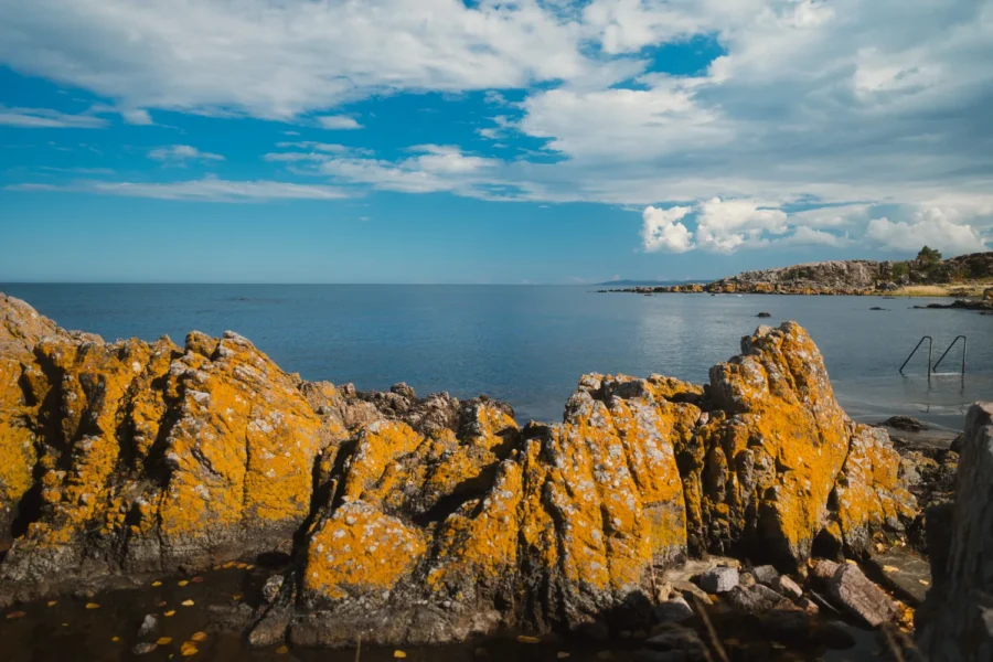 Orange lichen-covered granite rocks meeting the blue Baltic Sea at Næs on the north coast of Bornholm, Denmark